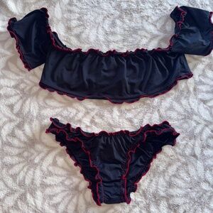 Ruffled Black and Red Bikini Set